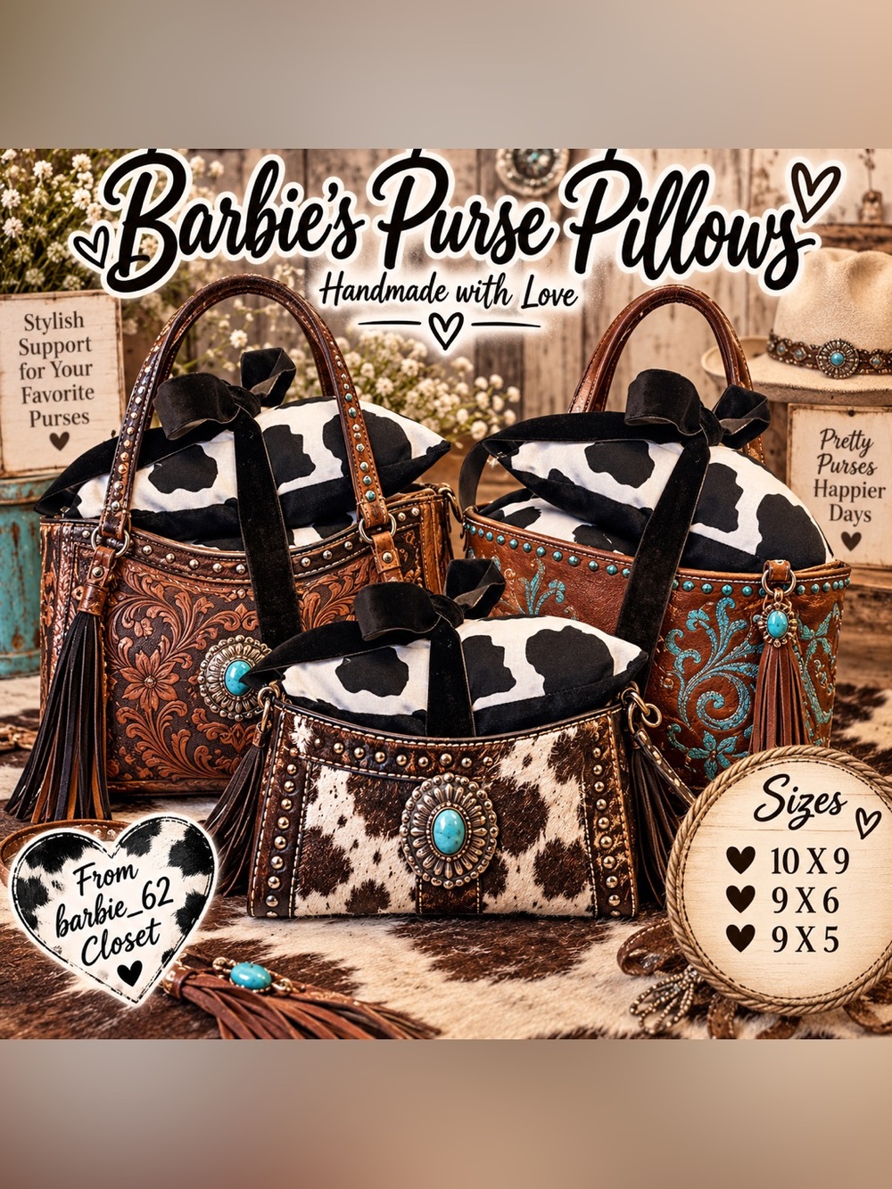 Handmade Western Cowhide Purse Pillows- Set of 3
